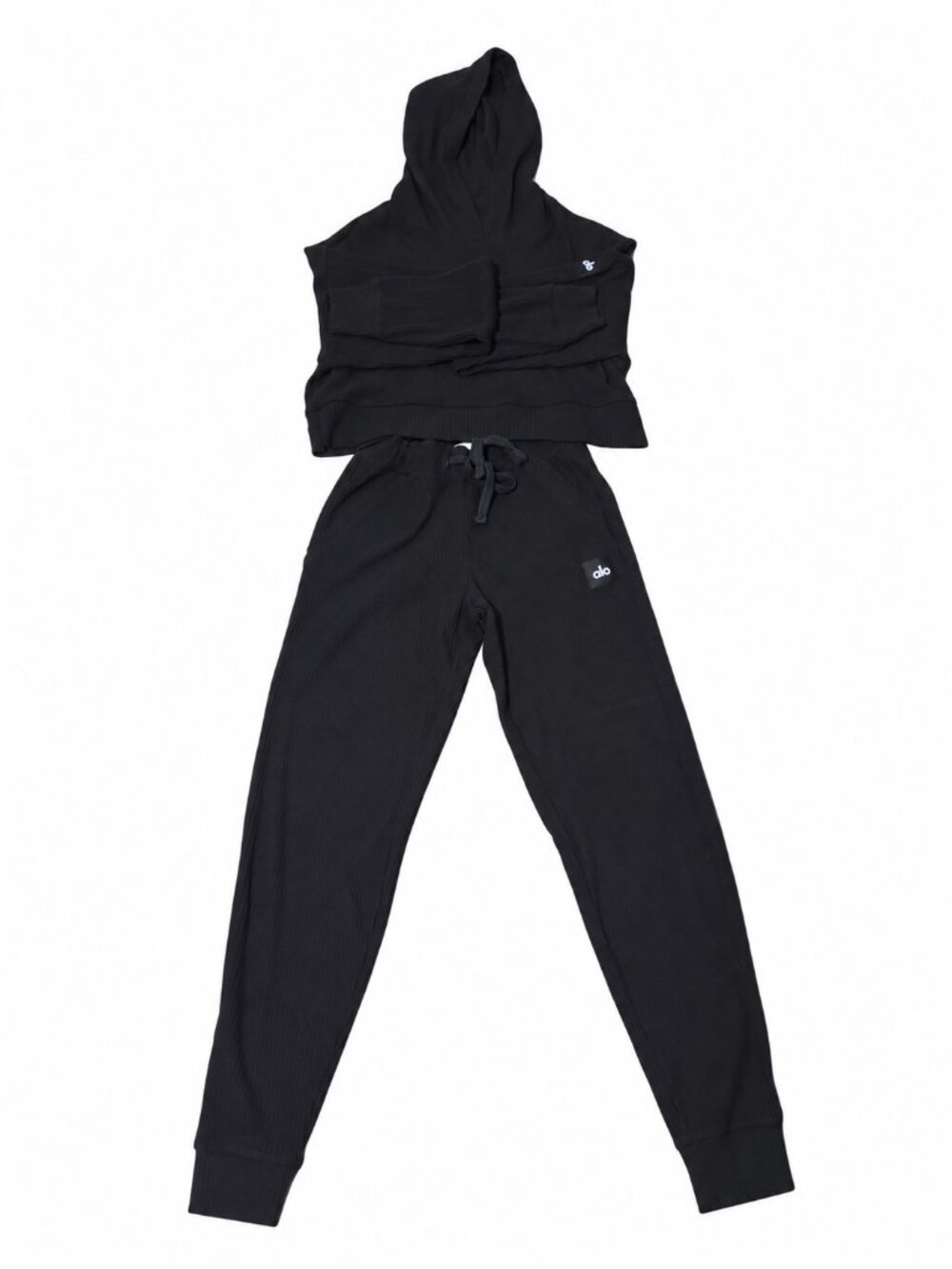 ALO Yoga Black Ribbed Hooded Crop Top Jogger Pants Two Piece Set XXS - Picture 2 of 4